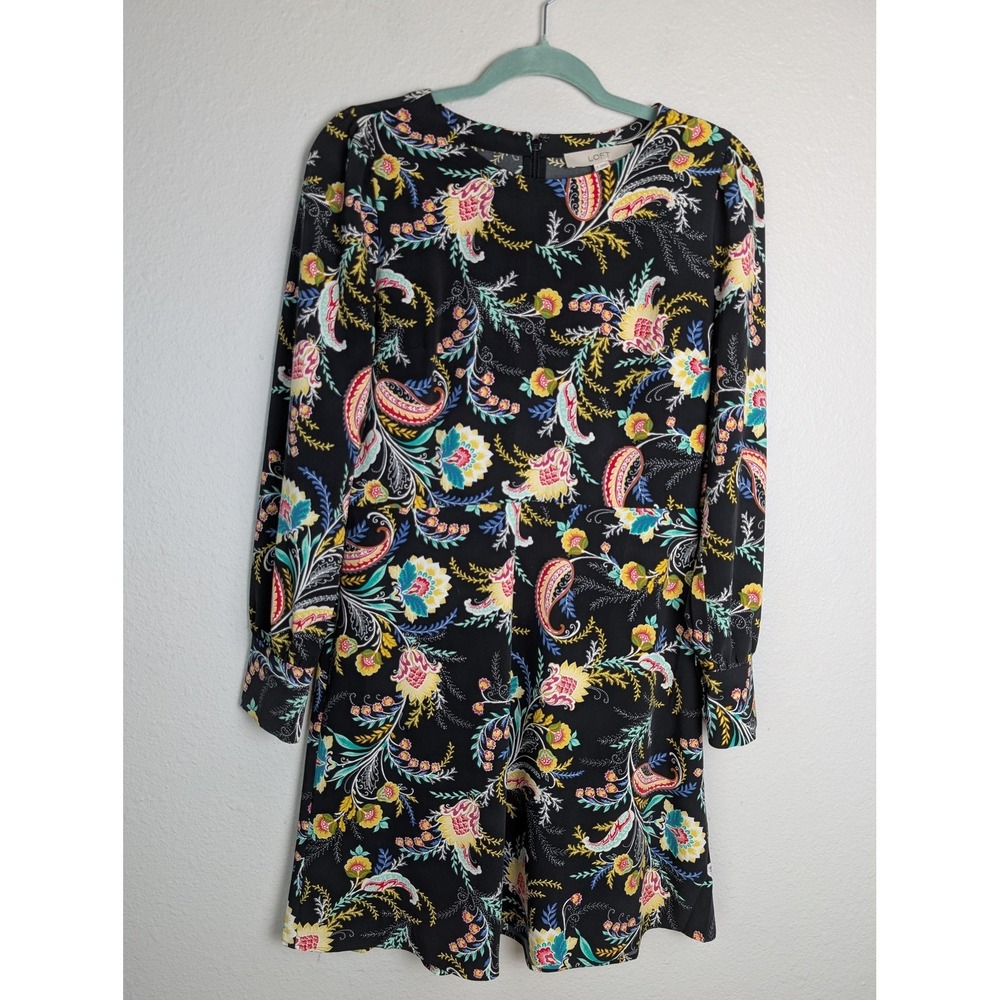 LOFT Dress Womens 4 Black Short Shift‎ Floral Long Sleeve Round Neck Zip